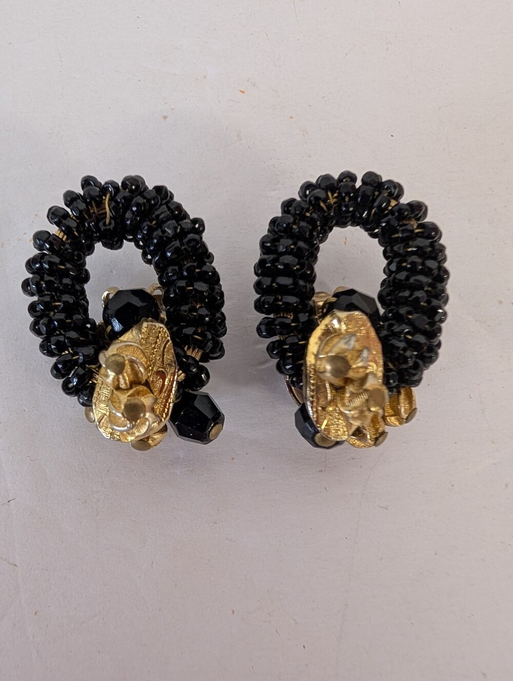 Vintage Hattie Carnegie Black Beaded Clip-On Earrings with Gold Accents